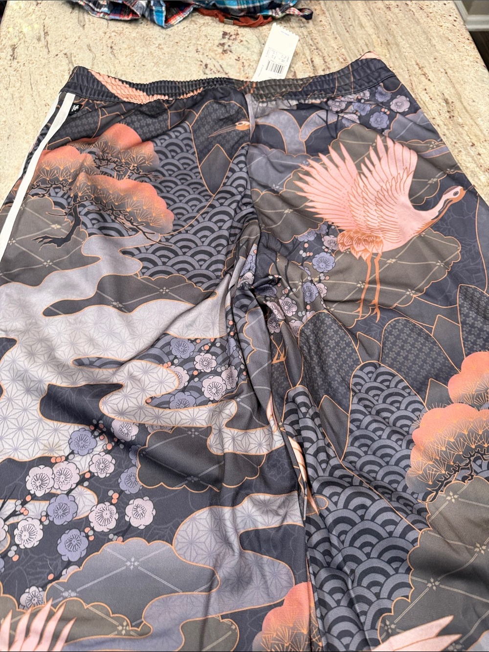 adidas Gray Track Pants with Peach Crane Print - Picture 8 of 9